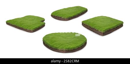 Erba 3D. Terra verde. Grafico del campo. Struttura del pavimento del giardino. Isola di prato di pietra. Terreno realistico. Forme di tappeti erbosi. Terreno prato naturale. Tri Illustrazione Vettoriale
