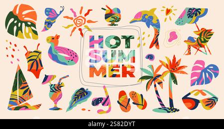 Modello estivo. Design per feste a bordo piscina. Carino, caldo e felice, con arcobaleno e cactus. Vendita esotica. Bikini per vacanze in spiaggia. Foglie di palma. Sedia a sdraio con Illustrazione Vettoriale