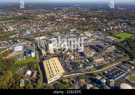 Veduta aerea, Aurubis AG fonderia e riciclatore del rame, veduta del centro città, Gahmen, Lünen, regione della Ruhr, Renania settentrionale-Vestfalia, Germania Foto Stock
