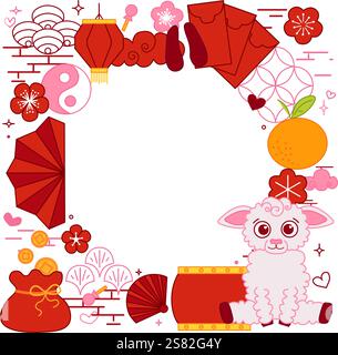 Felice capodanno cinese 2027 pecore. Modello di cornice cerchio Capodanno cinese per il prodotto Show. Biglietto d'auguri. Linea grafica vettoriale telaio Cina con lanter Illustrazione Vettoriale