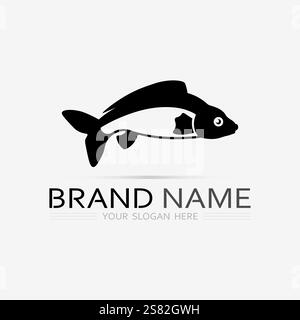 Modello di logo di disegno astratto di icona di pesce, simbolo di vettore creativo di club di pesca o negozio online. Illustrazione Vettoriale