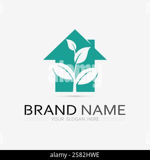 Logo di giardinaggio con icona pala e albero con logo foglie verdi modello. Illustrazione Vettoriale