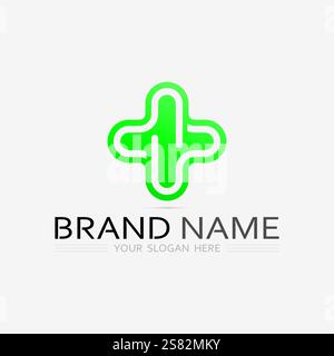 design del logo dell'ospedale e dell'assistenza sanitaria grafica del disegno del logo a croce vettoriale Illustrazione Vettoriale