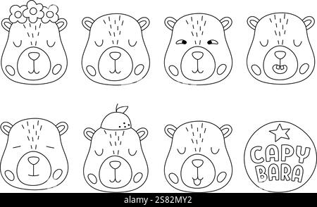 Set capybara vettoriale in bianco e nero. Linea carina capibara testa collezione che mostra emozioni e sensazioni diverse. Divertenti cavie rilassate, contente Illustrazione Vettoriale