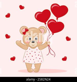 Adorabile Bear Girl che regge palloni a forma di cuore. Illustrazione Vettoriale