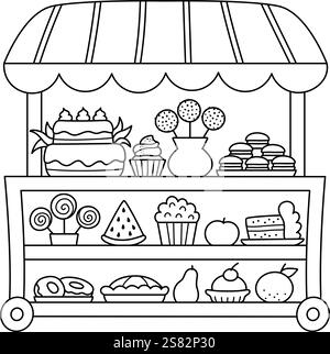 Carrello per snack rotolanti Vector bianco e nero con ruote. Icona della linea Candy Shop. Illustrazione del carrello dei cartoni animati, pagina da colorare. Pasticceria o panetteria trolle Illustrazione Vettoriale