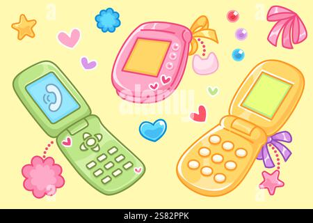 Telefoni cellulari Y2K retro impostati su sfondo giallo - dispositivo rosa chiuso, telefono verde, gadget messaggi arancione con pulsanti. Dispositivi elettronici nostalgici decorati con cuori pastello, archi e fiori. Illustrazione Vettoriale