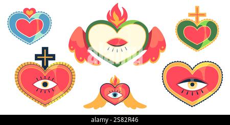 Collezione di cuori sacri messicani con occhi, croci e fiamme in cima. Set decorativo di arte popolare. Simboli religiosi tradizionali cattolici. Motivi culturali latinoamericani per i biglietti di San Valentino. Illustrazione Vettoriale