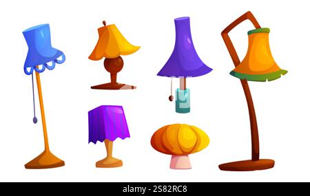 Collezione di lampade da tavolo e da terra - luce fissa blu curva, paralume viola ondulato, illuminazione da tavolo cremisi, arredi cilindrici e decorazioni arancioni Illustrazione Vettoriale