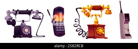 Retro e telefoni cellulari sono isolati su sfondo bianco. Illustrazione vettoriale di telefoni d'epoca con quadrante, cavo, pulsanti, antenna radio. COM Illustrazione Vettoriale