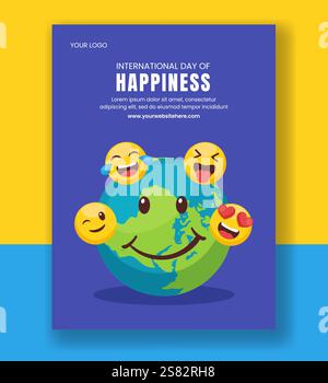 Illustrazione di sfondo poster verticale per la giornata internazionale della felicità con volti felici e gioiosi Illustrazione Vettoriale