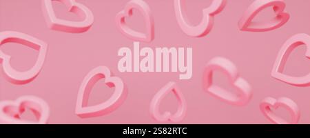 Cuori rosa fluttuanti su uno sfondo morbido che celebra l'amore e la connessione, illustrazioni di rendering 3D. Illustrazione Vettoriale