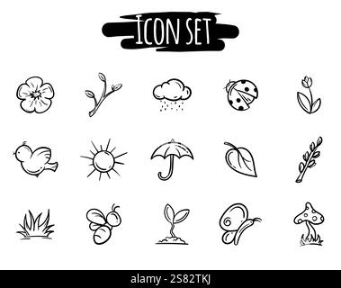 Set di icone in bianco e nero relative a primavera, natura, stagione, piante e insetti. Segni vettoriali e simboli per il sito Web Illustrazione Vettoriale