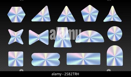 Confezione di adesivi in argento, etichette metalliche, nastro di carta lucida in varie forme. Illustrazione Vettoriale