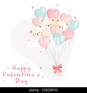 Palloncini a forma di cuore e orso con colori pastello per San Valentino Illustrazione Vettoriale