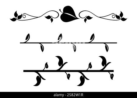 Decorazioni floreali sui bordi. Elegante divisore per foglie. Ornamento a turbolenza nero. Design orizzontale vettoriale. Illustrazione Vettoriale