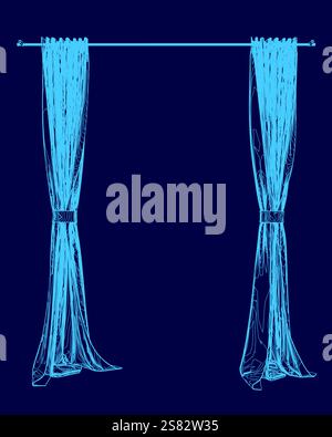 Tende blu con una striscia. Le tende si aprono. Il colore blu delle tende è molto luminoso e vivace Illustrazione Vettoriale