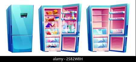 Moderno frigorifero a cartoni animati - elettrodomestico blu chiuso, unità aperta rifornita di generi alimentari, vista sugli scaffali vuoti. Attrezzature da cucina per l'interfaccia di gioco, m Illustrazione Vettoriale
