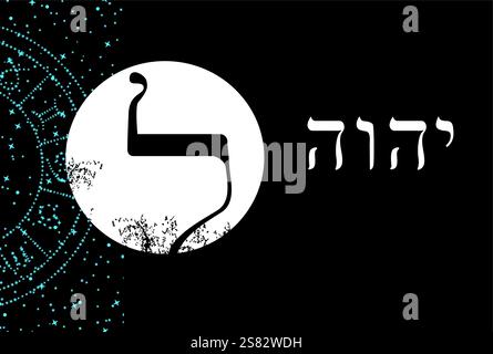 T-shirt disegnata con un tetragramma sacro YHWH accanto alla lettera ebraica Lamed su sfondo nero. Illustrazione Vettoriale