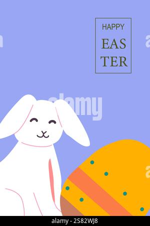 Poster di buona pasqua con coniglietto sorridente e uovo decorato. Illustrazione Vettoriale