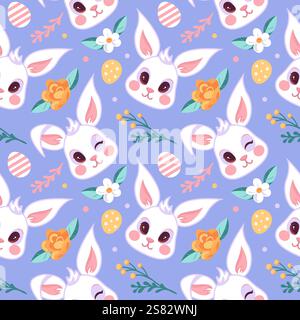 Un delizioso motivo senza cuciture che mostra graziosi volti di coniglietto pasquale, uova colorate e fiori in fiore. Questa stravagante illustrazione cattura l'essenc Illustrazione Vettoriale