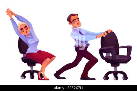 Lavoratori in ufficio che eseguono esercizi di stretching isolati su sfondo bianco. Illustrazione di cartoni animati vettoriali di uomo e donna che hanno un allenamento yoga in pausa a r Illustrazione Vettoriale