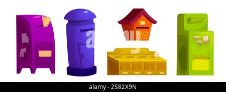 Cassette postali vintage isolate su sfondo bianco. Illustrazione vettoriale di cassette postali a colori per posta, servizio postale, contenitori per messaggi Illustrazione Vettoriale