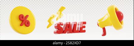 Elementi buoni sconto 3D: Cerchio giallo con segno percentuale rosso, testo evidenziato da fulmini, altoparlante megafono. Design promozionale marketing Illustrazione Vettoriale
