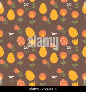 Colorato motivo di pasqua felice con uova ed elementi floreali per decorazioni natalizie. Illustrazione Vettoriale