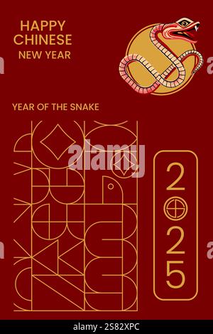 Design geometrico che celebra il Capodanno cinese del serpente nel 2025. Il design incorpora colori oro e rosso, insieme a un illus di serpente stilizzato Illustrazione Vettoriale