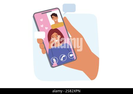 Incontri digitali in un'applicazione per cellulare, tra donna e uomo che usa la videochat Illustrazione Vettoriale