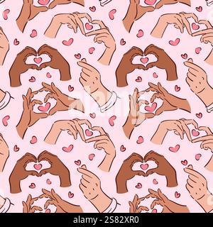 Motivo senza cuciture per i gesti delle mani di San Valentino. Cuore dito. gesto raffigurante l'amore. Illustrazione vettoriale nello stile di schizzo. Per carta da parati, tessuto, Illustrazione Vettoriale