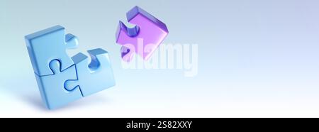 Pezzi di puzzle 3D: Elementi blu collegati con un componente viola fluttuante su sfondo chiaro. Composizione minimalista del seghetto alternativo che mostra il processo di assemblaggio. Blocchi di plastica lucida durante il collegamento. Illustrazione Vettoriale