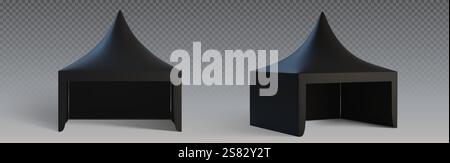 Collezione di mockup con cabina nera con tetto a punta - padiglione promozionale vuoto dalla vista frontale e prospettica. Elegante modello per chioschi per festival all'aperto, mercati o dimostrazioni commerciali. Illustrazione Vettoriale