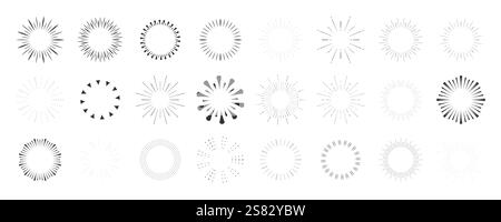 Imposta fuochi d'artificio, raggi, cornici a scoppio solare decorazione del bordo del cerchio, scintille in stile doodle, esplosione dello schizzo di linea isolata su sfondo bianco. Illustrazione vettoriale Illustrazione Vettoriale