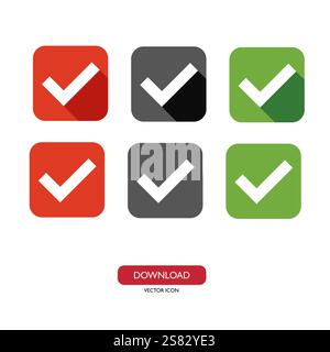 Ampia serie di pulsanti piatti con segni di spunta verdi e rossi. Angoli arrotondati quadrati. Illustrazione Vettoriale
