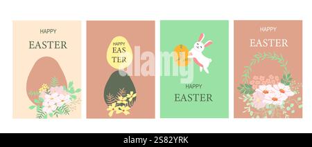 Delizioso set di geometrie pasquali con disegni floreali e allegre illustrazioni conigliari. Illustrazione Vettoriale