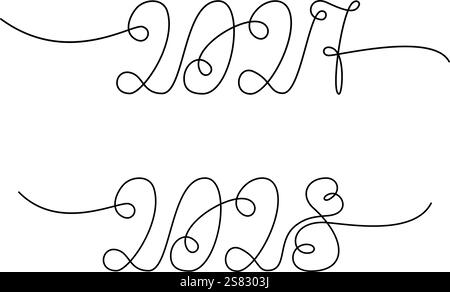 Date di Capodanno 2027 2028 scritte a mano su una riga continua. Elementi di benvenuto per Natale o Capodanno. Art. Linea Illustrazione vettoriale isolata schede tematiche, inviti, opuscoli o banner promozionali Web Illustrazione Vettoriale
