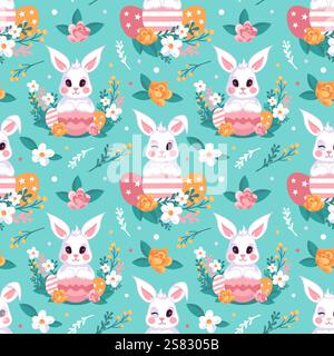 Un motivo senza cuciture caratterizzato da stravaganti coniglietti di Pasqua, uova colorate e fiori vivaci. Perfetta per le feste, questa illustrazione cattura il Illustrazione Vettoriale
