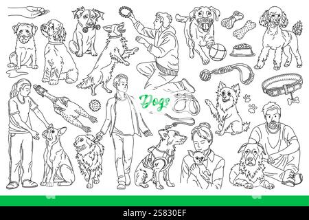 Cani di diverse razze con giocattoli per passeggiate divertenti e un po' di tempo libero. Bastone e corda per cani e cuccioli che camminano insieme ai proprietari nel parco con il caldo tempo estivo. Disegnato a mano. Illustrazione Vettoriale