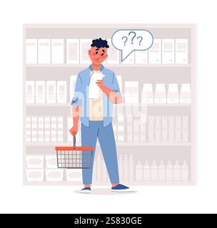L'uomo non riesce a trovare i generi alimentari in lista. Fare shopping al supermercato, pensare che il personaggio maschile abbia un cestino vuoto, scegliere e acquistare cibo e bevande in negozio Illustrazione Vettoriale