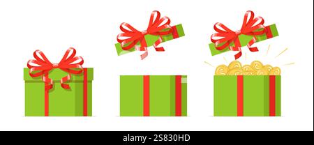 Confezione regalo di monete d'oro. Aprire e chiudere la scatola confezionata, vuota e piena di denaro presente, contenitore verde con nastro rosso. Vittoria della lotteria, premio segreto Illustrazione Vettoriale