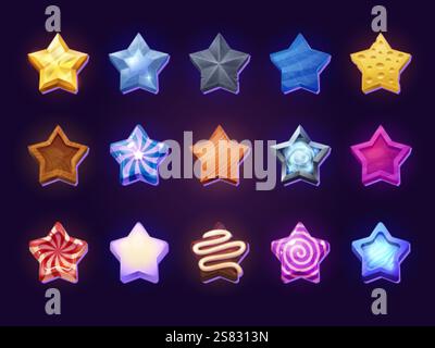 Stelle dell'interfaccia utente del gioco. Stella del tasso dei cartoni animati per la medaglia al raggiungimento di livello superiore o il badge bonus dell'esperienza di vittoria, trofeo della classifica utente icone dorate di caramelle di ghiaccio in legno elemento dell'interfaccia utente, set di illustrazioni vettoriali originali Illustrazione Vettoriale
