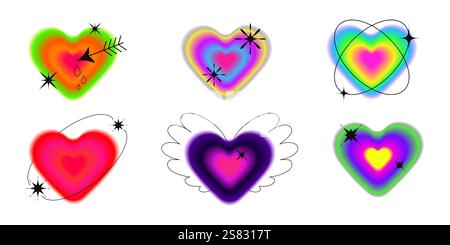 Set di sei cuori colorati con sfumature al neon con effetti brillanti, scintille ed elementi astratti su sfondo bianco. Illustrazione vettoriale in aesth Y2K Illustrazione Vettoriale