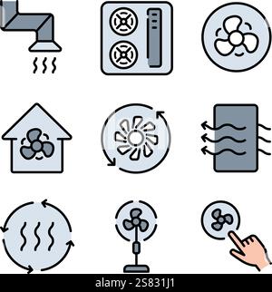 Set di icone vettoriali del sistema di ventilazione domestica. Raccolta di icone colore ventilazione. Include condizionatore d'aria, essiccatore d'aria, condotto d'aria, ventola di raffreddamento, ventola di scarico, Illustrazione Vettoriale
