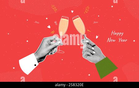 Bicchieri da champagne mezzitoni. Bicchiere di vino clink a mano con wineglass, due mani che tengono in mano bevande alcoliche brindisi di Capodanno celebrazione del matrimonio di natale collage vintage illustrazione vettoriale opere d'arte originali Illustrazione Vettoriale