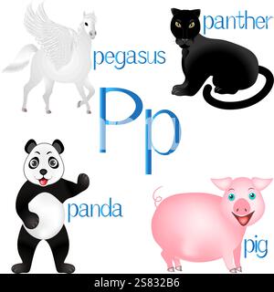 Illustrazione per insegnare ai bambini l'alfabeto inglese con gli animali dei cartoni animati. La lettera P.. Illustrazione Vettoriale
