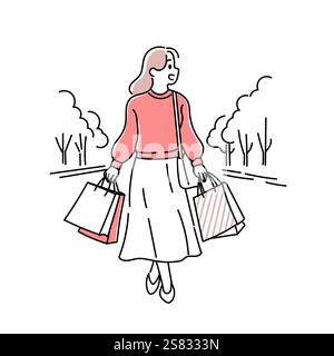 Elegante illustrazione minimalista duotone di una donna alla moda felice con borse per la spesa Illustrazione Vettoriale