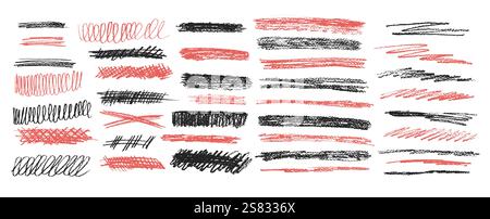 Set di sottolineature pastello. Confezione di linee di tracciatura a matita. Illustrazione del tratto del pennello a carbone disegnato a mano vettoriale isolata. Evidenziazioni rosse e nere scritte a mano Illustrazione Vettoriale
