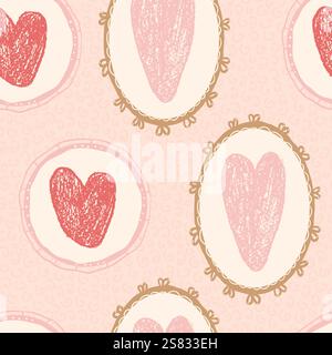 Cuori con montatura vintage ovale e circolare senza cuciture. Lo sfondo del coquette di San Valentino è ripetuto. Sfondo senza fine per i simboli d'amore. Romantico retro d Illustrazione Vettoriale